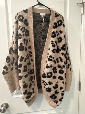 Mud Pie Beige and Black Leopard Fuzzy Open Cardigan